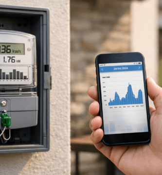 Medidor eléctrico inteligente instalado en el exterior de una vivienda, en caja transparente sellada, preparado para telemedición AMI/AMM.