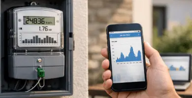 Medidor eléctrico inteligente instalado en el exterior de una vivienda, en caja transparente sellada, preparado para telemedición AMI/AMM.