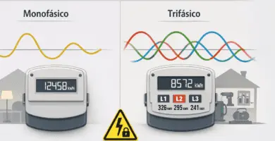 Ilustración comparativa de medidor monofásico y trifásico con kWh total y lecturas por fase (L1, L2, L3) para uso doméstico.