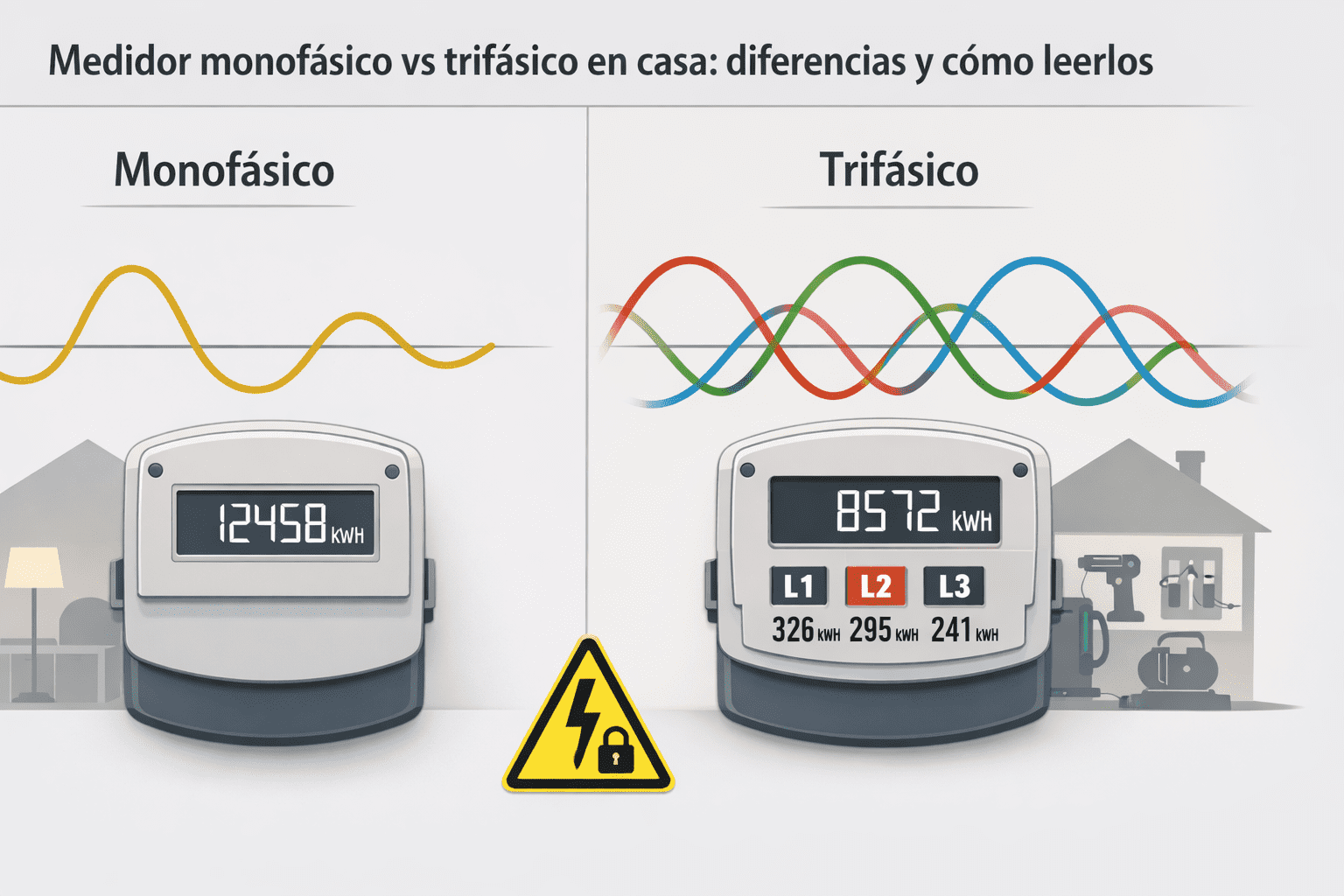 Ilustración comparativa de medidor monofásico y trifásico con kWh total y lecturas por fase (L1, L2, L3) para uso doméstico.