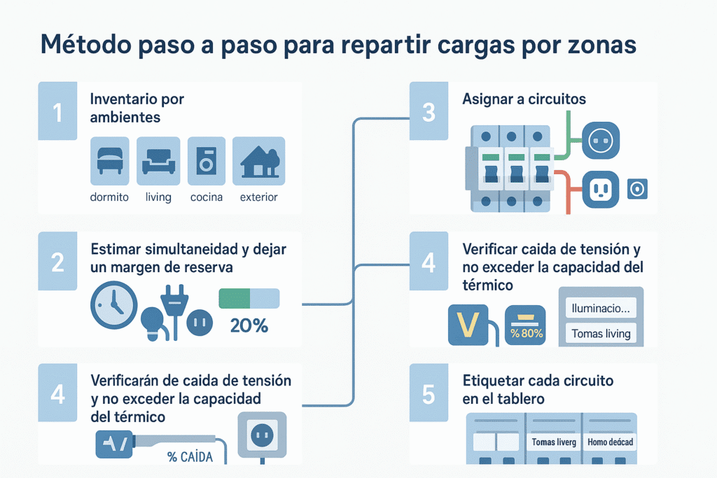 Infografía con cinco pasos para repartir cargas por zonas en casa: inventario, simultaneidad, asignación a circuitos, verificación de caída de tensión y etiquetado del tablero.
