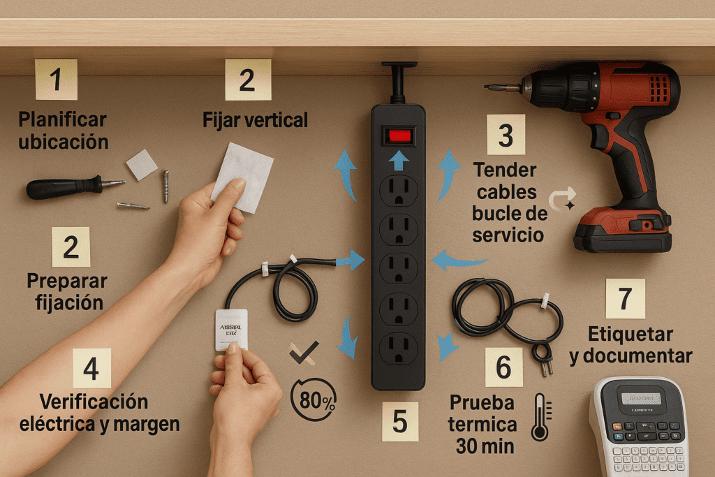 Infografía de siete pasos para montar una regleta bajo escritorio: planificar ubicación, preparar fijación, fijar en vertical, verificar carga y margen, tender cables con bucle de servicio, prueba térmica de 30 minutos y etiquetar/documentar.