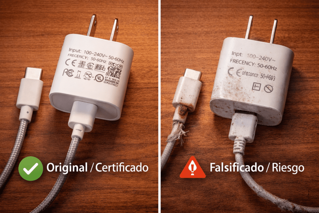 Comparativa: cargador y cable original/certificado vs falsificado/dañado; etiquetas claras, certificaciones y cable íntegro frente a impresiones pobres y cable pelado.