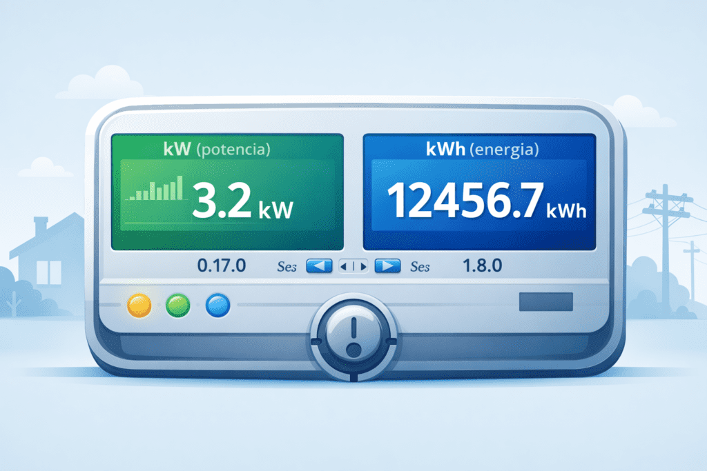 Medidor digital con dos pantallas: izquierda muestra kW (potencia) 3,2 kW con gráfica y código 0.17.0; derecha muestra kWh (energía) 12 456,7 kWh con código 1.8.0.