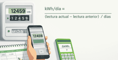 Medidor de luz con lectura kWh, móvil registrando la lectura y fórmula kWh/día (lectura actual − lectura anterior) ÷ días.