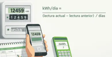 Medidor de luz con lectura kWh, móvil registrando la lectura y fórmula kWh/día (lectura actual − lectura anterior) ÷ días.