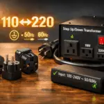 Adaptadores de enchufe y transformador 110↔220 V sobre mesa, con iconos 50/60 Hz y tierra; guía de uso seguro y compatibilidad.