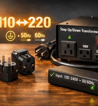 Adaptadores de enchufe y transformador 110↔220 V sobre mesa, con iconos 50/60 Hz y tierra; guía de uso seguro y compatibilidad.