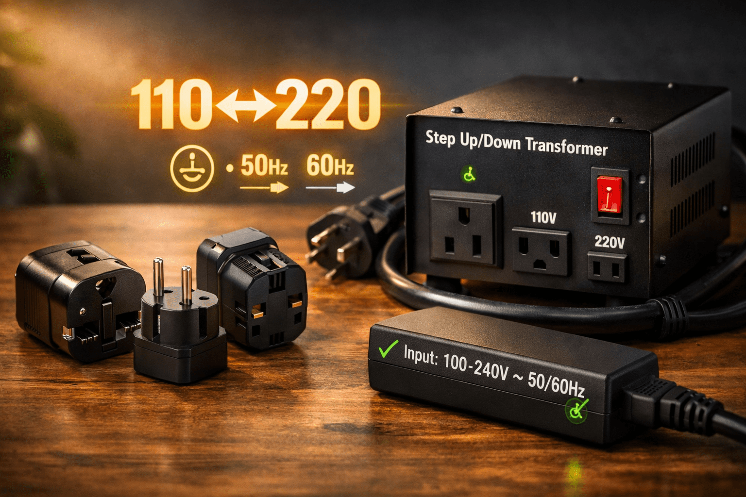 Adaptadores de enchufe y transformador 110↔220 V sobre mesa, con iconos 50/60 Hz y tierra; guía de uso seguro y compatibilidad.