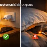 Carga nocturna segura vs peligrosa: teléfono en velador ventilado (check) y móvil bajo la almohada con cable dañado y humo (alerta).