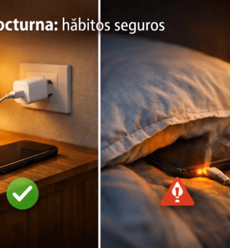Carga nocturna segura vs peligrosa: teléfono en velador ventilado (check) y móvil bajo la almohada con cable dañado y humo (alerta).