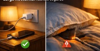 Carga nocturna segura vs peligrosa: teléfono en velador ventilado (check) y móvil bajo la almohada con cable dañado y humo (alerta).