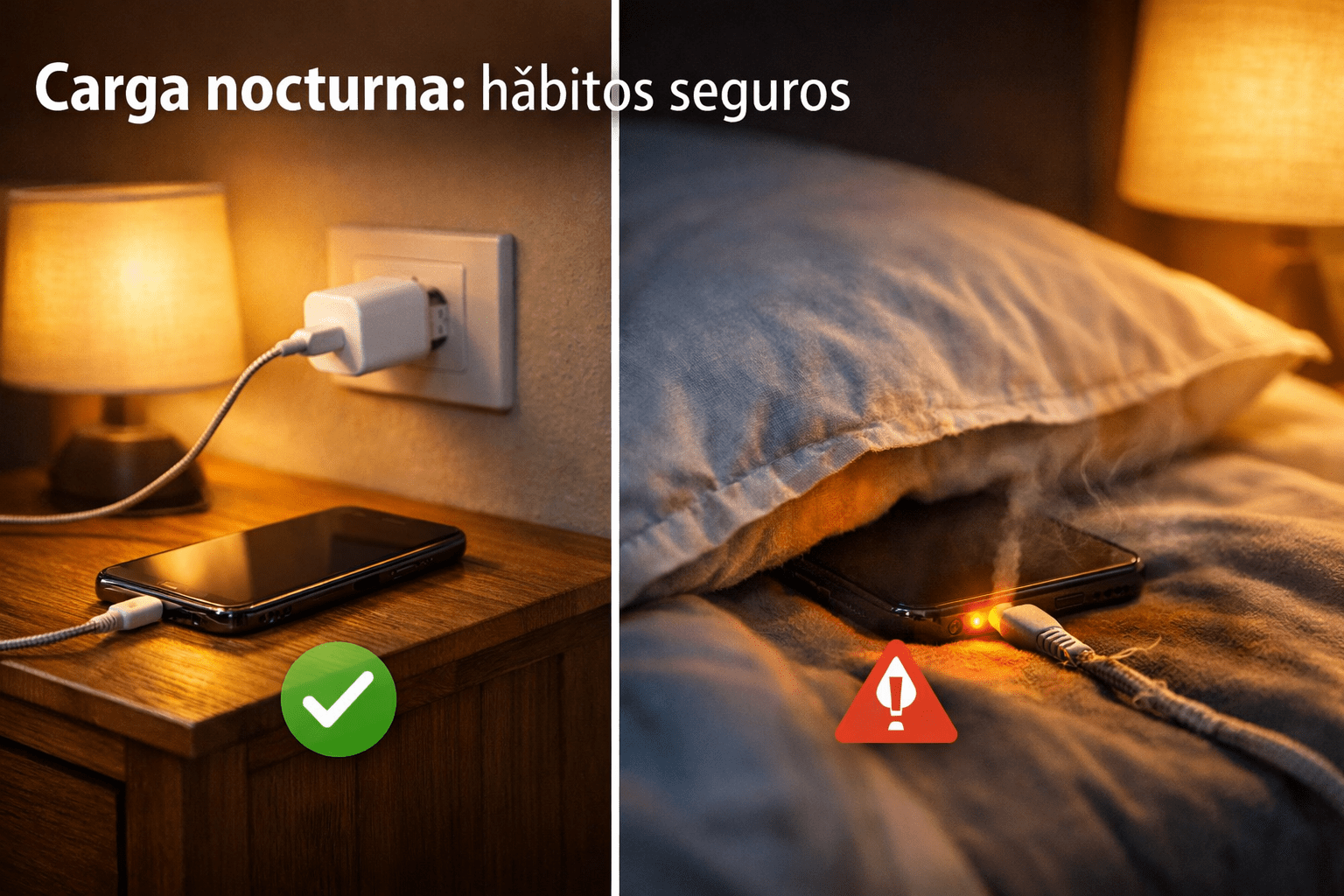Carga nocturna segura vs peligrosa: teléfono en velador ventilado (check) y móvil bajo la almohada con cable dañado y humo (alerta).