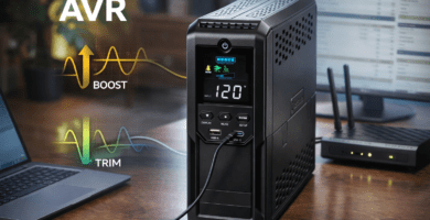 UPS line-interactive con AVR corrigiendo voltaje en escritorio doméstico; pantalla LCD 120 V, puertos USB, protegiendo PC y router.