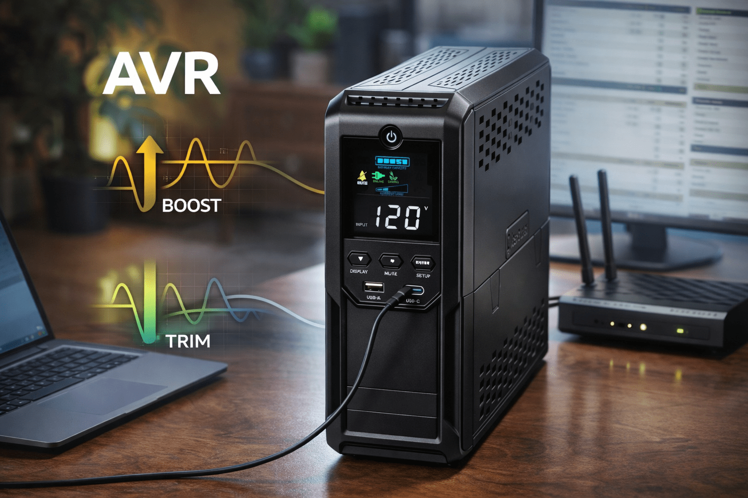 UPS line-interactive con AVR corrigiendo voltaje en escritorio doméstico; pantalla LCD 120 V, puertos USB, protegiendo PC y router.