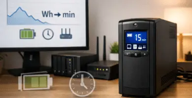 UPS en home office con PC, router y NAS; pantalla LCD activa, enfoque en autonomía en minutos.