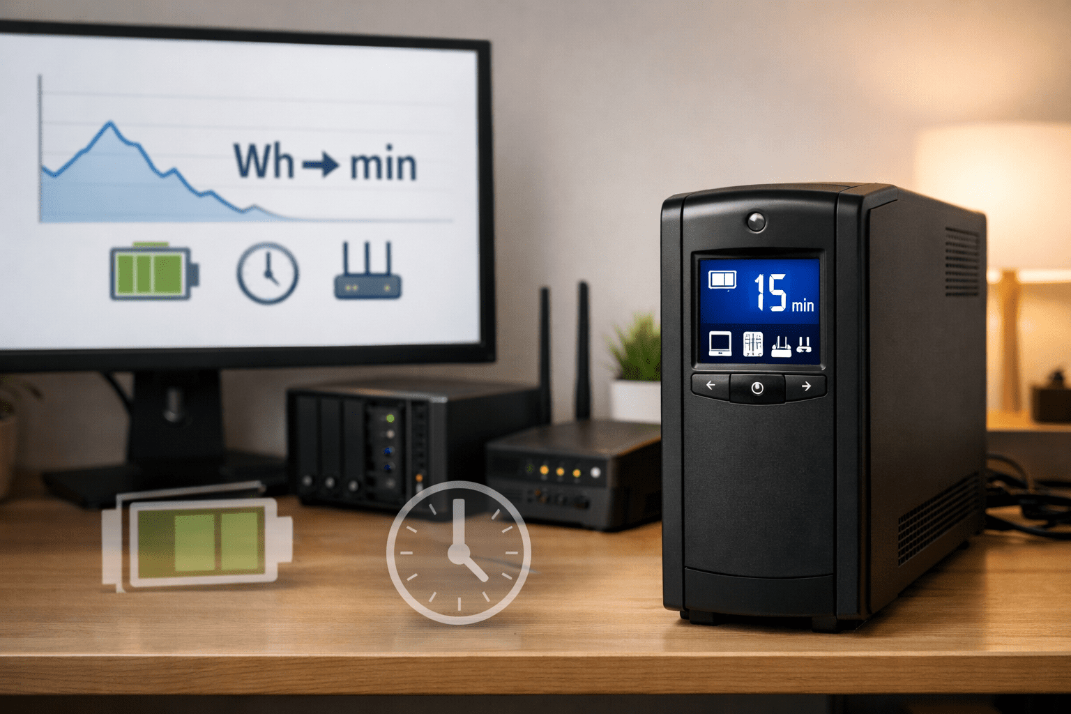 UPS en home office con PC, router y NAS; pantalla LCD activa, enfoque en autonomía en minutos.