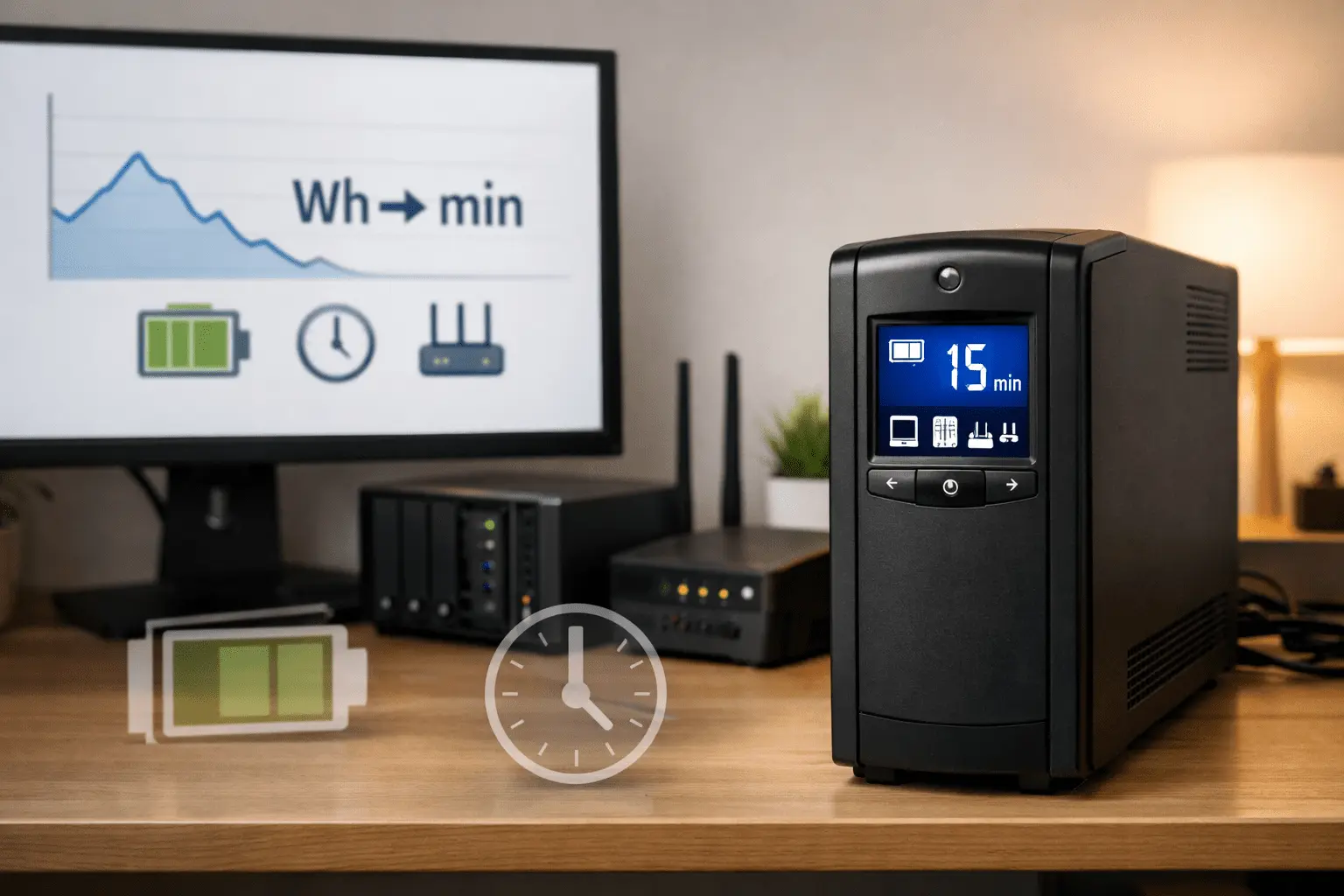 UPS en home office con PC, router y NAS; pantalla LCD activa, enfoque en autonomía en minutos.