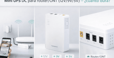 Mini UPS DC para router/ONT (12V/9V/5V) manteniendo internet en cortes; producto tipo Marsriva KP3 con puertos 5V, 9V, 12V y LEDs de batería.