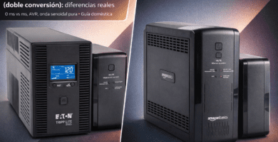Collage comparativo de UPS line-interactive y online (doble conversión); Tripp Lite con LCD y Amazon Basics 1500 VA.