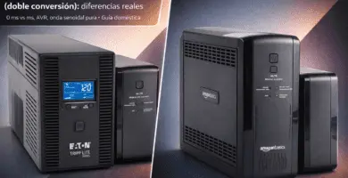 Collage comparativo de UPS line-interactive y online (doble conversión); Tripp Lite con LCD y Amazon Basics 1500 VA.