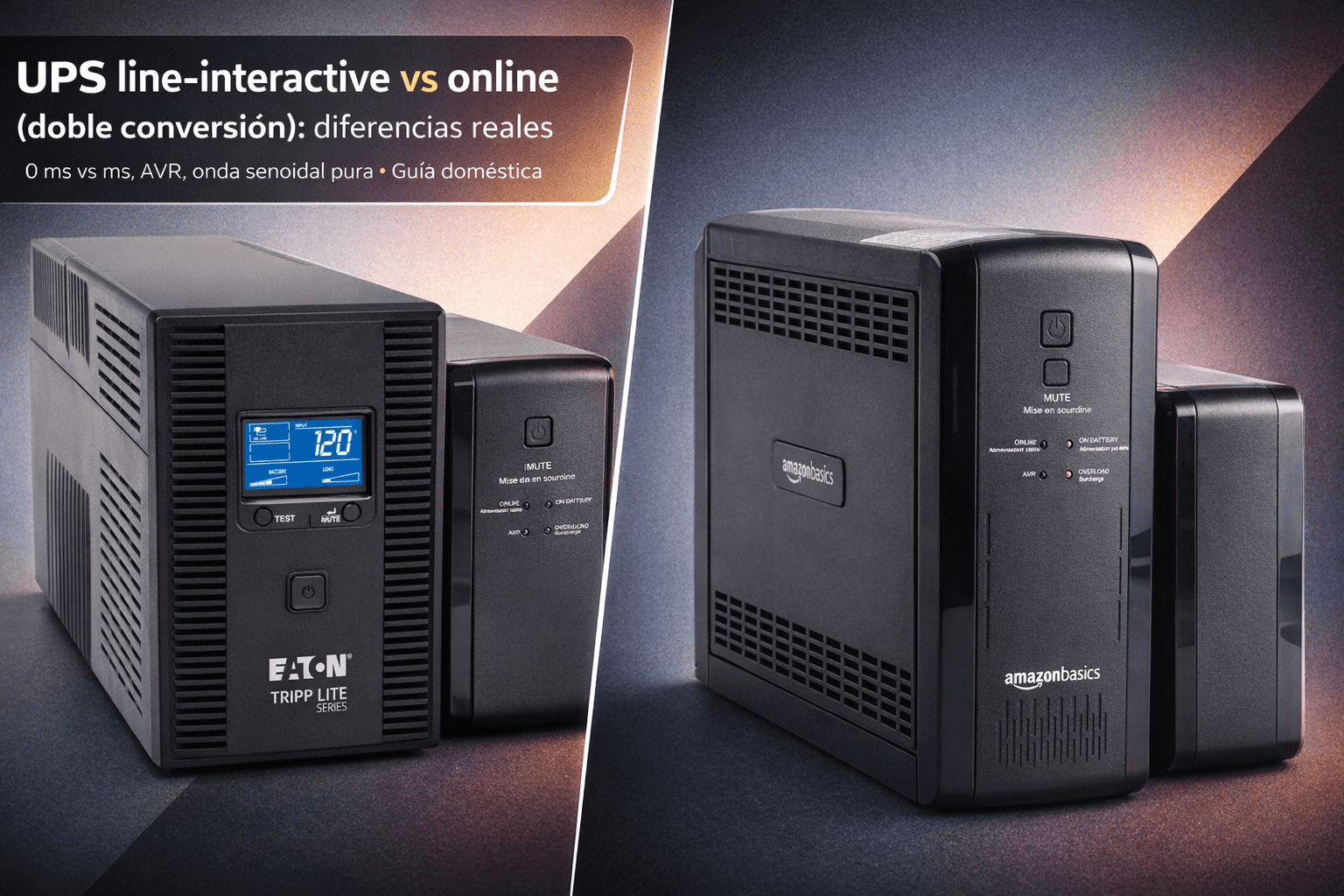 Collage comparativo de UPS line-interactive y online (doble conversión); Tripp Lite con LCD y Amazon Basics 1500 VA.