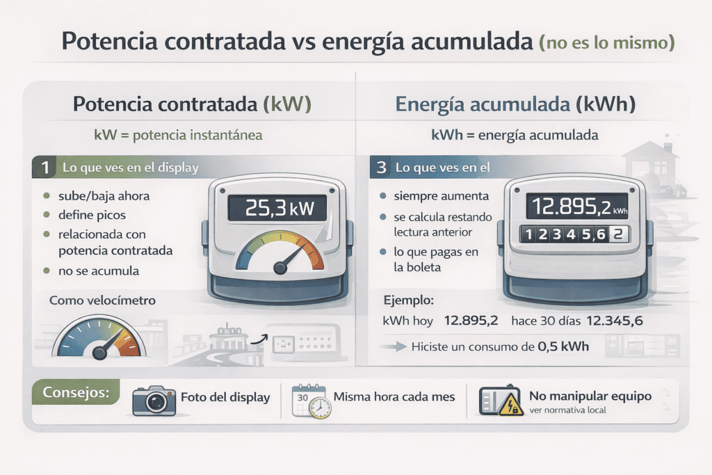 Infografía comparativa en español: potencia contratada (kW) vs energía acumulada (kWh) con ejemplos de pantalla y cálculo básico.