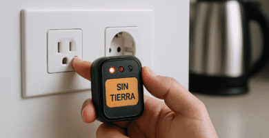 Mano sosteniendo un probador de tomas con aviso “SIN TIERRA” frente a un enchufe de dos ranuras, con una base Schuko al lado y una tetera desenfocada al fondo.