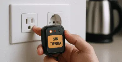 Mano sosteniendo un probador de tomas con aviso “SIN TIERRA” frente a un enchufe de dos ranuras, con una base Schuko al lado y una tetera desenfocada al fondo.