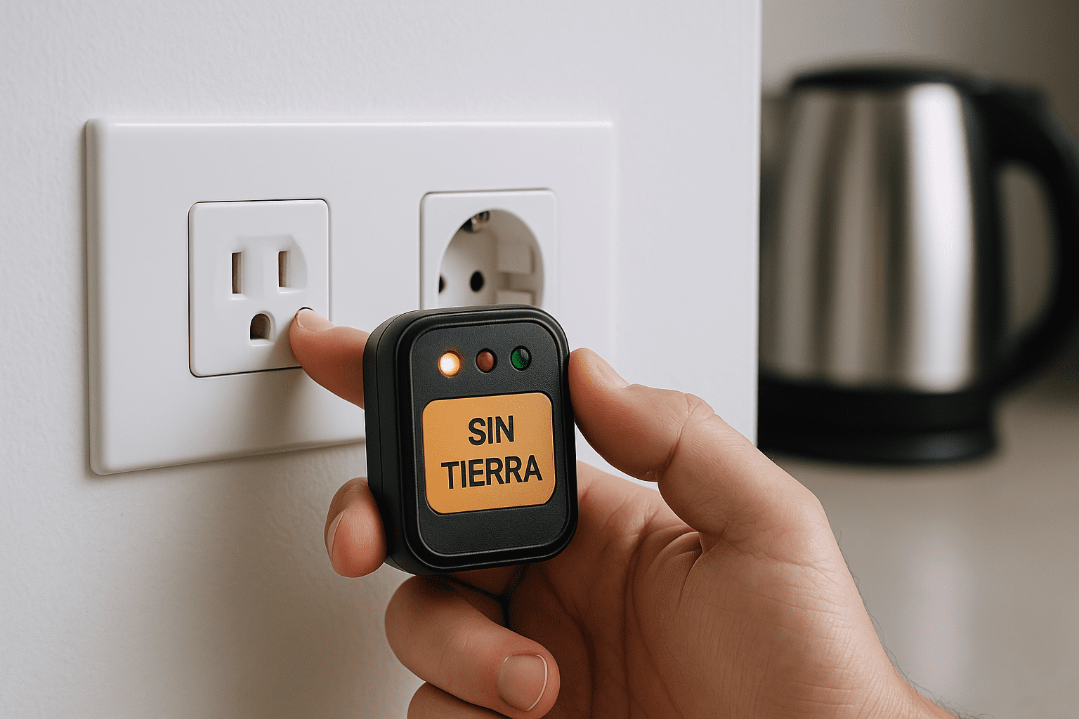 Mano sosteniendo un probador de tomas con aviso “SIN TIERRA” frente a un enchufe de dos ranuras, con una base Schuko al lado y una tetera desenfocada al fondo.