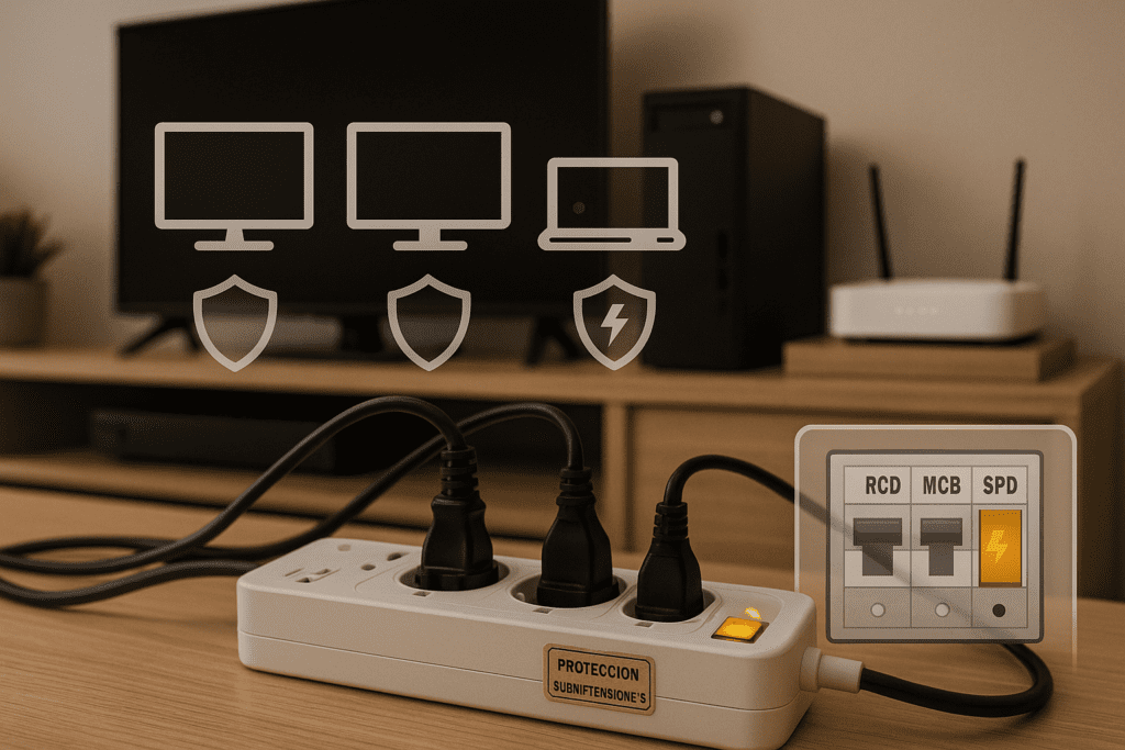 Protector contra sobretensiones conectado a TV, PC y router, con iconos de escudo y esquema de RCD, MCB y SPD.