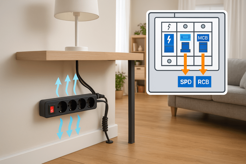 Regleta negra con interruptor montada bajo un escritorio de madera, flechas azules indicando ventilación y un recuadro que ilustra el tablero eléctrico con protecciones SPD, RCD y MCB.