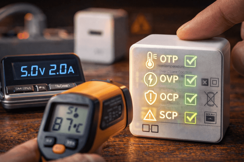 Cargador con indicadores de protección OTP, OVP, OCP y SCP junto a termómetro infrarrojo y medidor USB en uso.