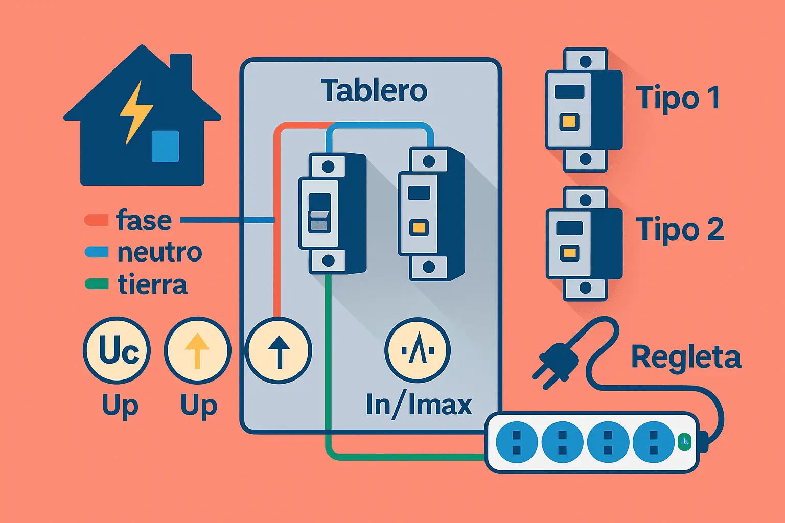 Esquema de casa con panel eléctrico, SPD en tablero, tipos 1 y 2 señalados y regleta; iconos de Uc, Up e In/Imax.