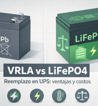 Portada comparativa de baterías para UPS: VRLA (plomo-ácido sellada) vs LiFePO₄, con foco en vida útil, recarga, peso y costos de reemplazo.