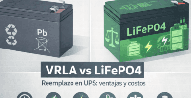Portada comparativa de baterías para UPS: VRLA (plomo-ácido sellada) vs LiFePO₄, con foco en vida útil, recarga, peso y costos de reemplazo.