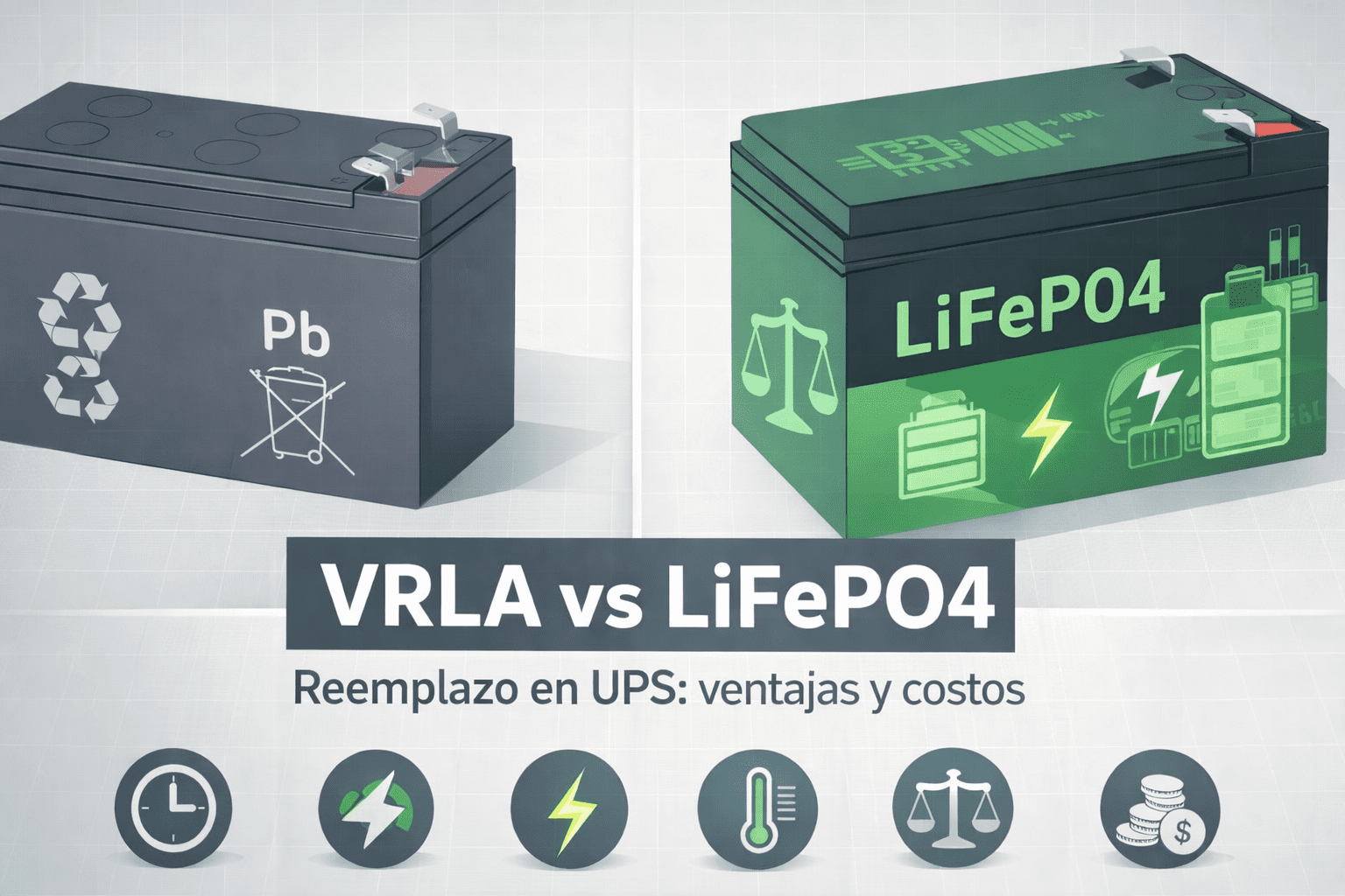Portada comparativa de baterías para UPS: VRLA (plomo-ácido sellada) vs LiFePO₄, con foco en vida útil, recarga, peso y costos de reemplazo.