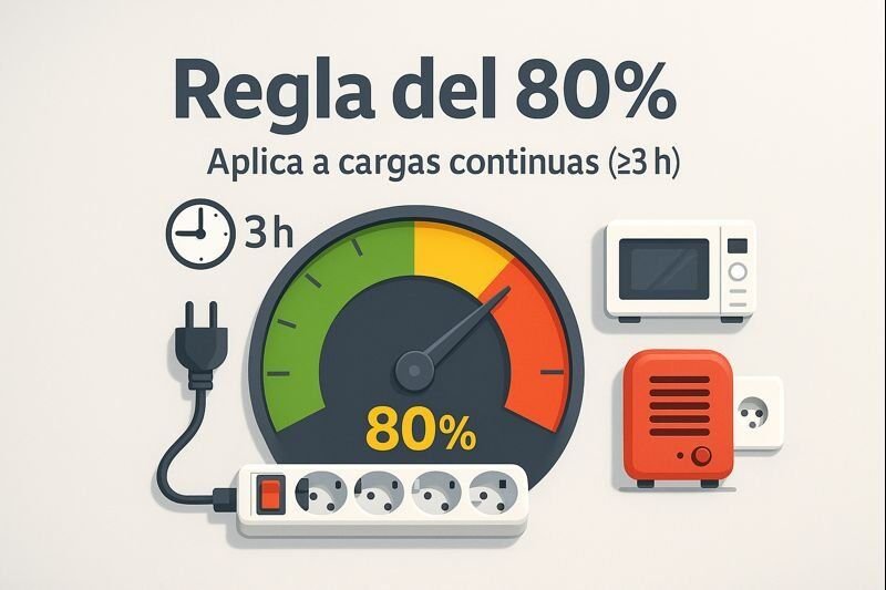 Regla del 80%: medidor en 80%, icono “≥3 h”, regleta y electrodomésticos (microondas y calefactor).