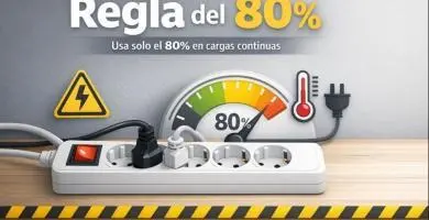Regleta con medidor al 80% y símbolos de calor/advertencia: usa solo el 80% en cargas continuas para evitar sobrecalentamiento.