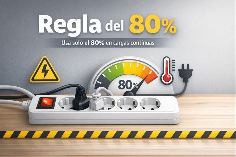 Regleta con medidor al 80% y símbolos de calor/advertencia: usa solo el 80% en cargas continuas para evitar sobrecalentamiento.