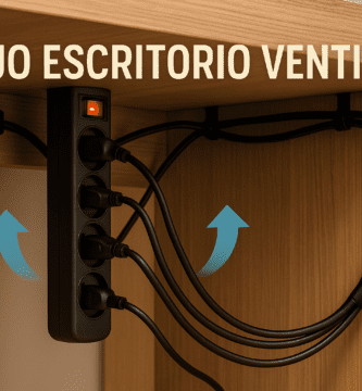 Regleta negra montada en vertical bajo un escritorio de madera, con flechas azules indicando ventilación y cables organizados con clips y funda mallada.