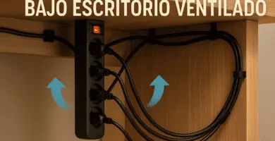 Regleta negra montada en vertical bajo un escritorio de madera, con flechas azules indicando ventilación y cables organizados con clips y funda mallada.