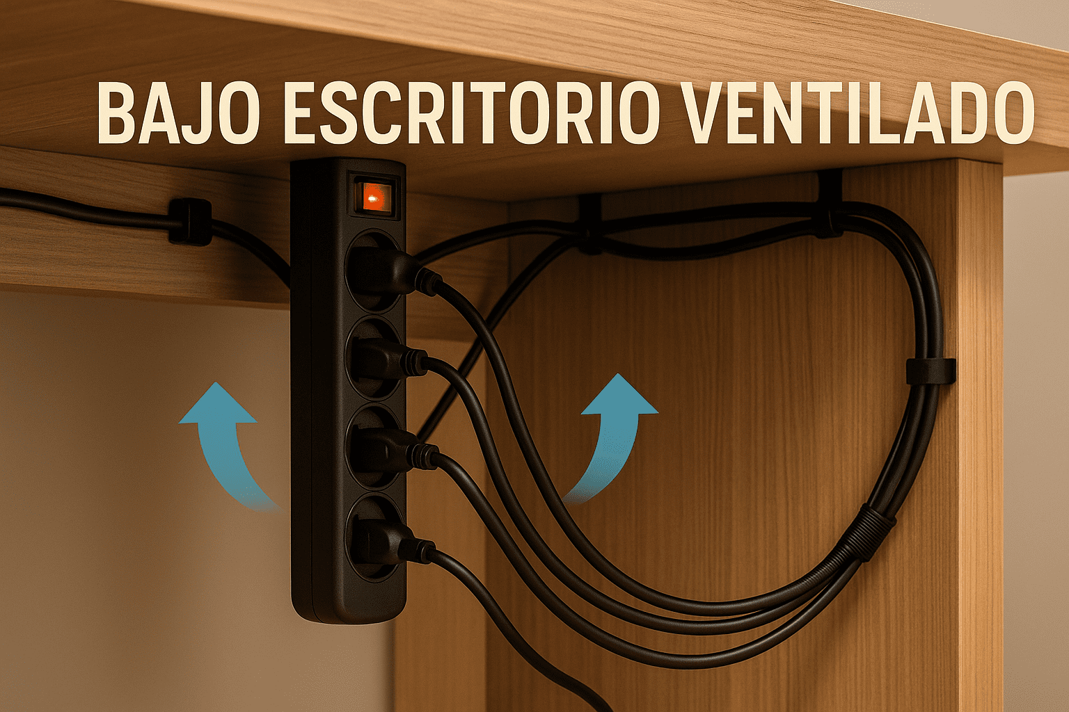 Regleta negra montada en vertical bajo un escritorio de madera, con flechas azules indicando ventilación y cables organizados con clips y funda mallada.