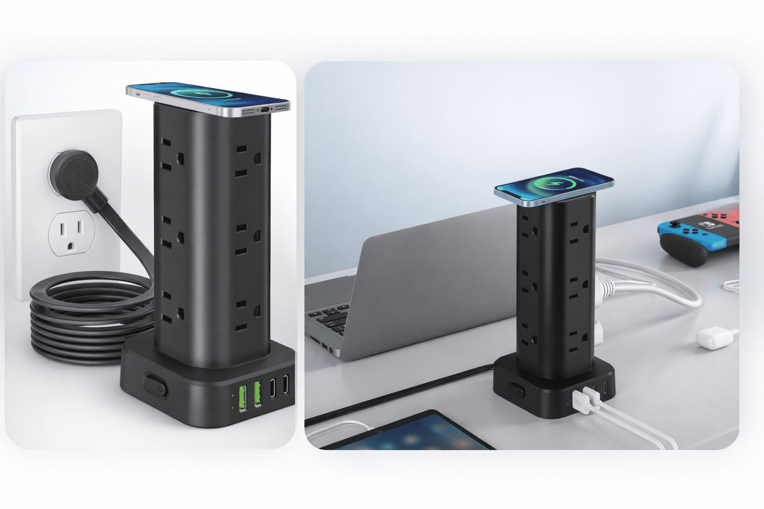 Collage de una torre regleta con 12 tomas AC, 2 puertos USB-A, 2 USB-C y plataforma de carga inalámbrica, mostrando uso en escritorio con varios dispositivos.