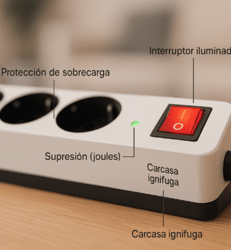 Regleta blanca con interruptor rojo iluminado y LED verde, sobre mesa de madera; se señalan protección de sobrecarga, supresión (joules) y carcasa ignífuga.