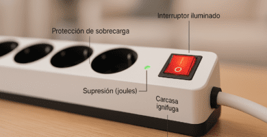 Regleta blanca con interruptor rojo iluminado y LED verde, sobre mesa de madera; se señalan protección de sobrecarga, supresión (joules) y carcasa ignífuga.
