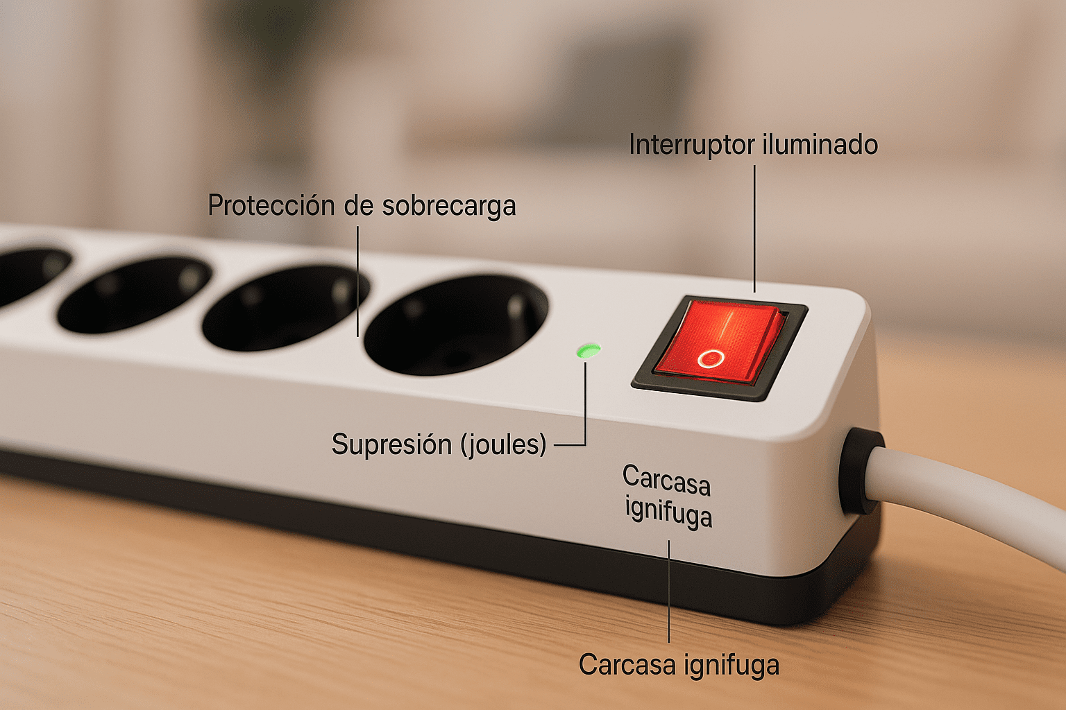 Regleta blanca con interruptor rojo iluminado y LED verde, sobre mesa de madera; se señalan protección de sobrecarga, supresión (joules) y carcasa ignífuga.