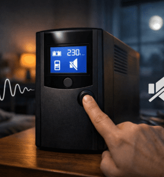 UPS en dormitorio de noche con modo silencio activado; pantalla LCD marca 120 V y campana tachada, ambiente tranquilo.