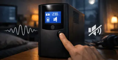 UPS en dormitorio de noche con modo silencio activado; pantalla LCD marca 120 V y campana tachada, ambiente tranquilo.