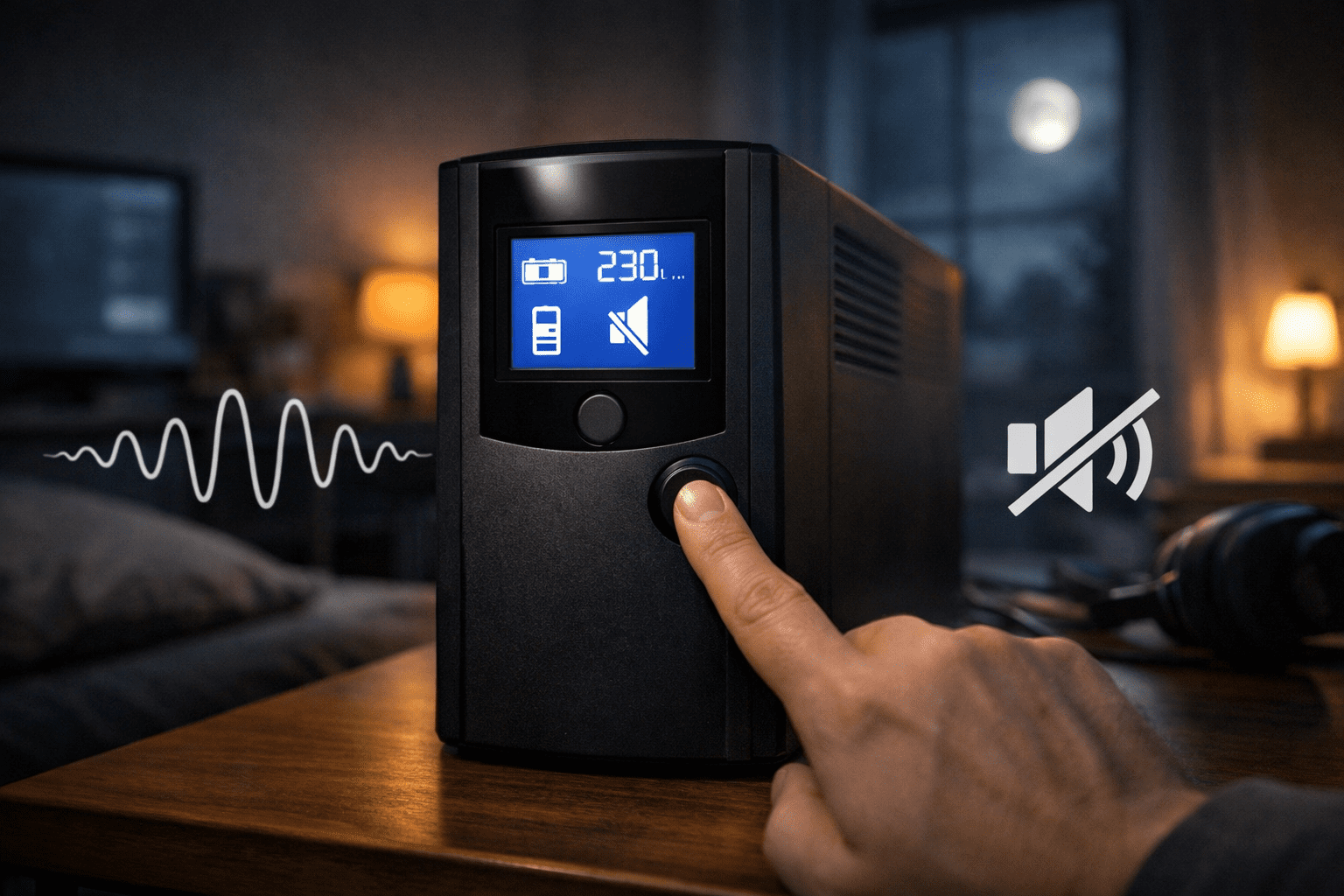 UPS en dormitorio de noche con modo silencio activado; pantalla LCD marca 120 V y campana tachada, ambiente tranquilo.